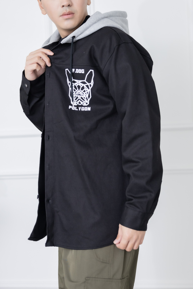 코트 幾何狗狗拼色連帽外套 / 黑色