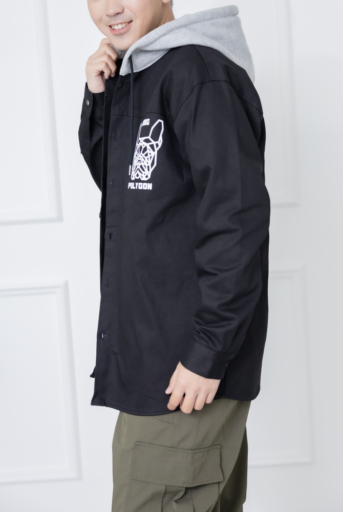 코트 幾何狗狗拼色連帽外套 / 黑色