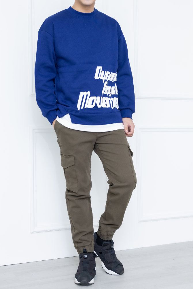 긴팔 下擺拼接內刷毛長袖上衣／藍色