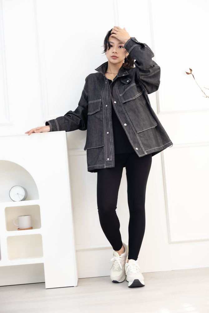 코트 立領大口袋牛仔外套／黑色