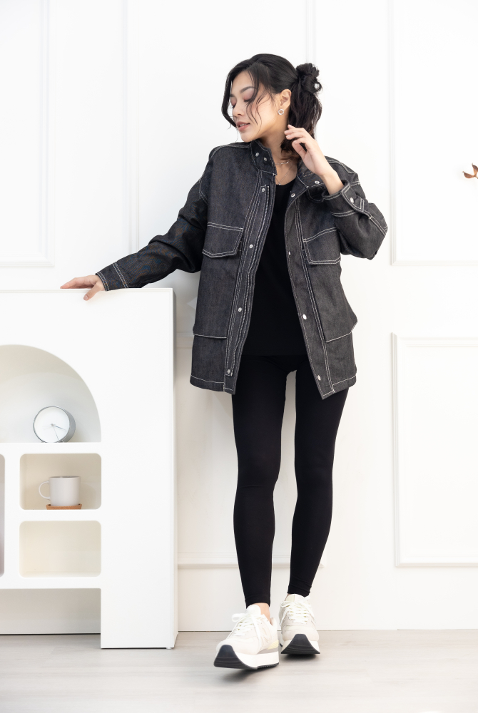 코트 立領大口袋牛仔外套／黑色