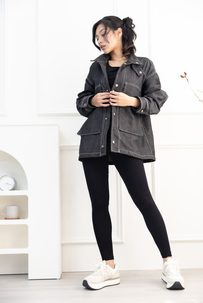 코트 立領大口袋牛仔外套／黑色