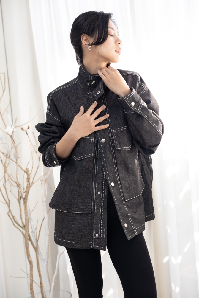 코트 立領大口袋牛仔外套／黑色
