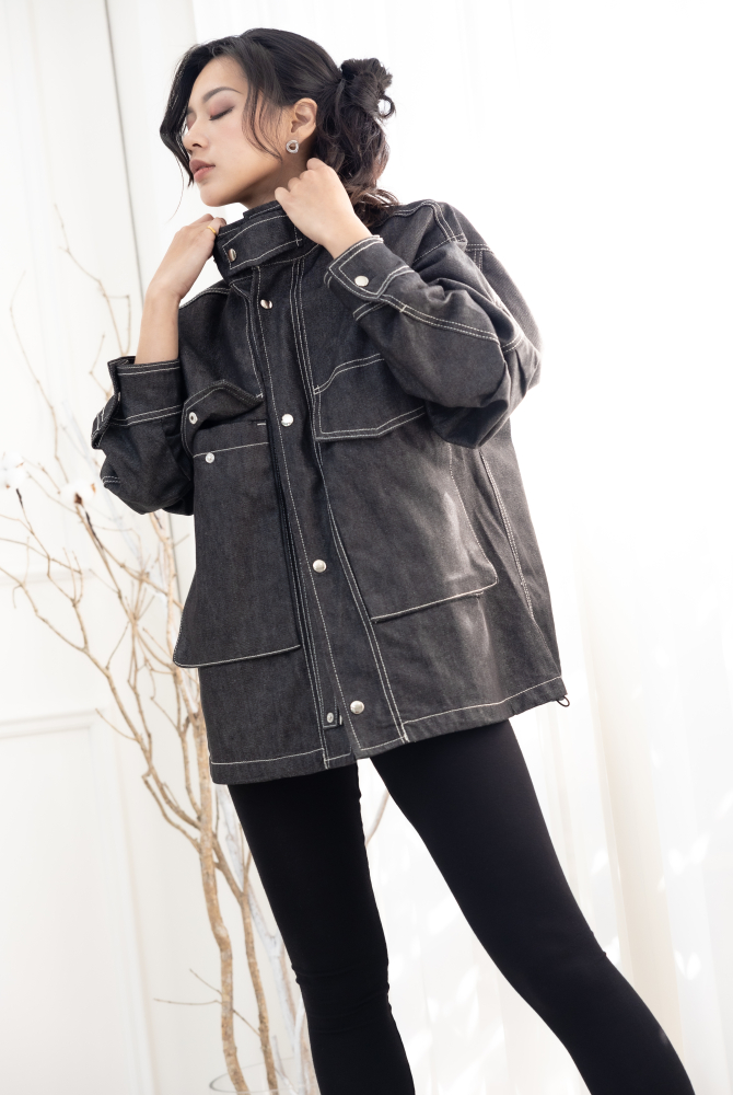 코트 立領大口袋牛仔外套／黑色