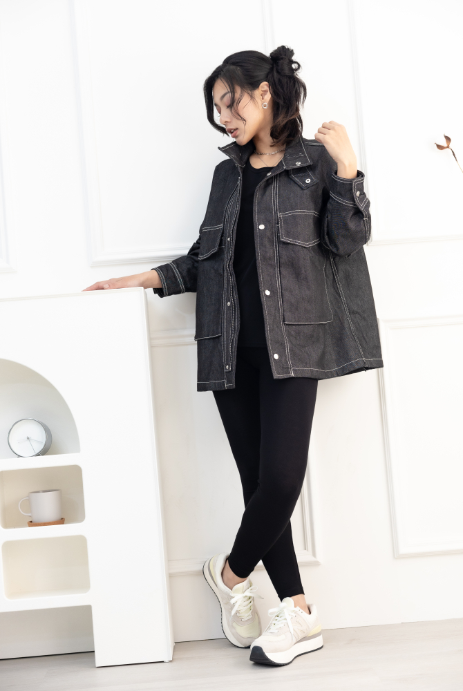 코트 立領大口袋牛仔外套／黑色