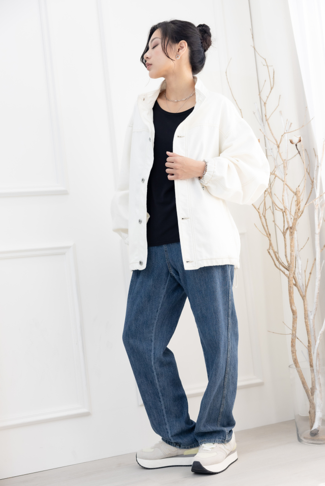 코트 半領抽繩下擺棉外套／白色