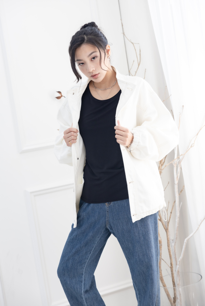 코트 半領抽繩下擺棉外套／白色