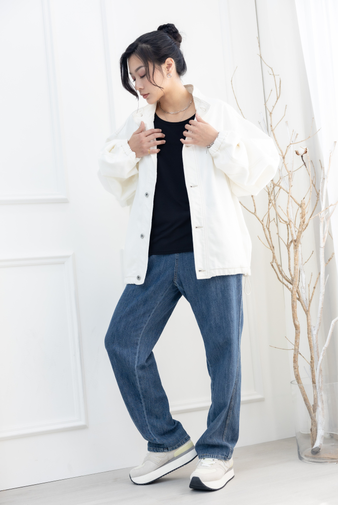 코트 半領抽繩下擺棉外套／白色