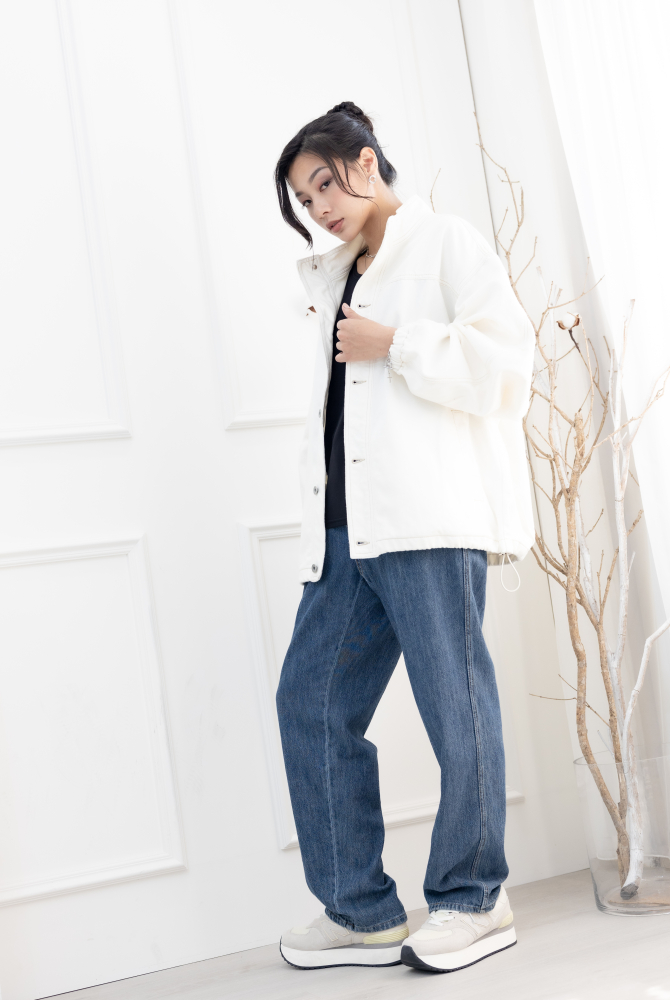 코트 半領抽繩下擺棉外套／白色