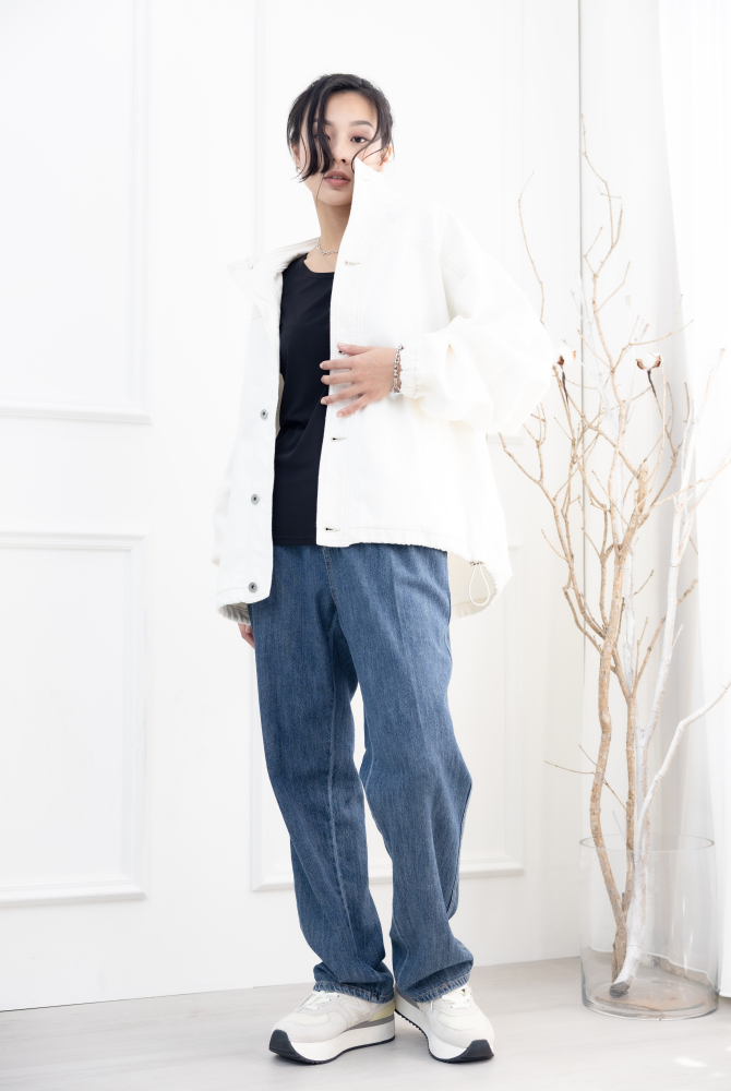 코트 半領抽繩下擺棉外套／白色