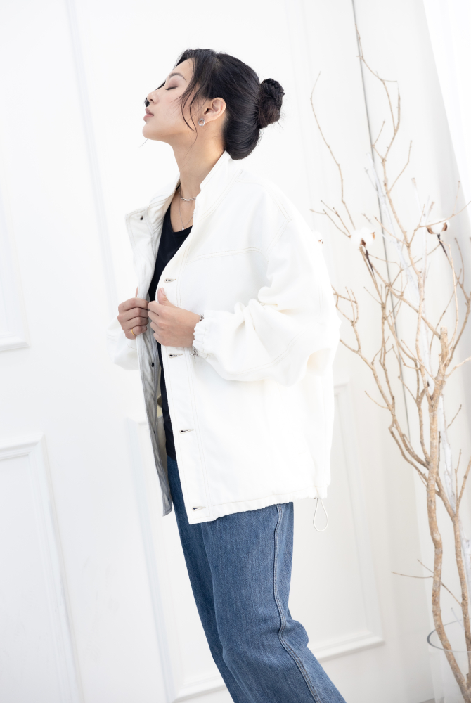 코트 半領抽繩下擺棉外套／白色