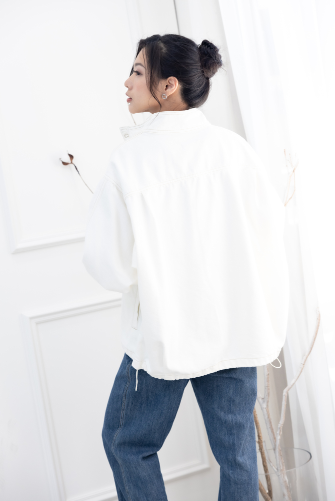 코트 半領抽繩下擺棉外套／白色