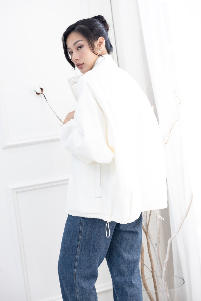 코트 半領抽繩下擺棉外套／白色