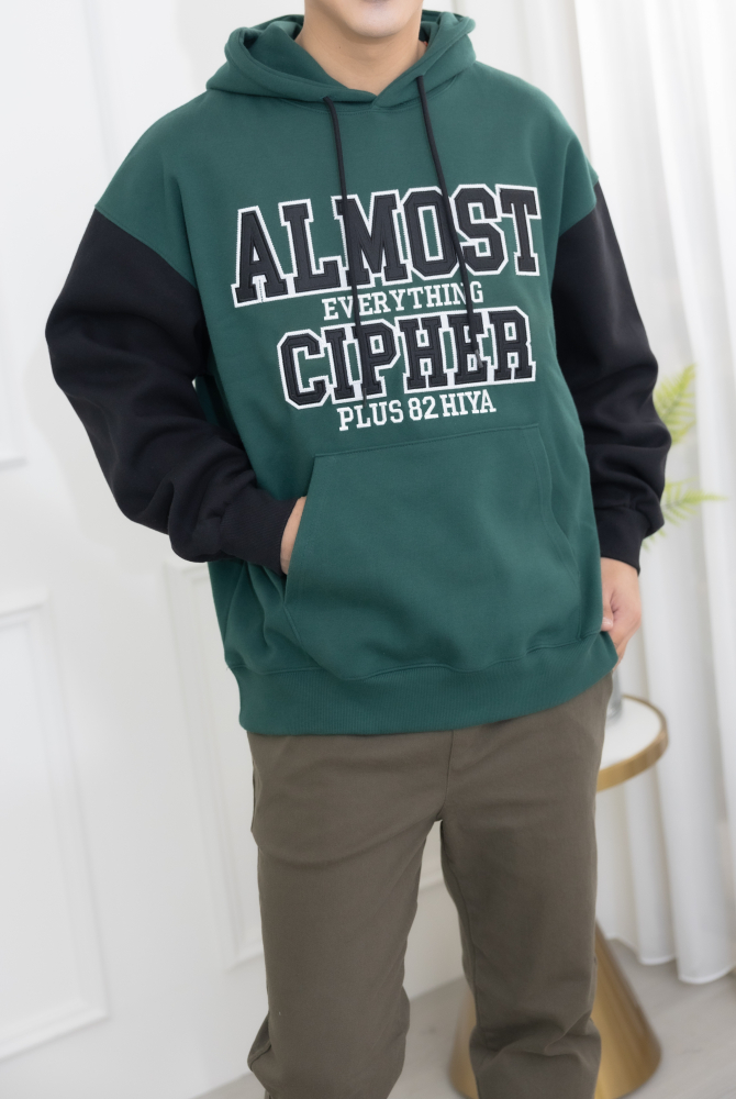 긴팔 綠拼黑長袖帽T