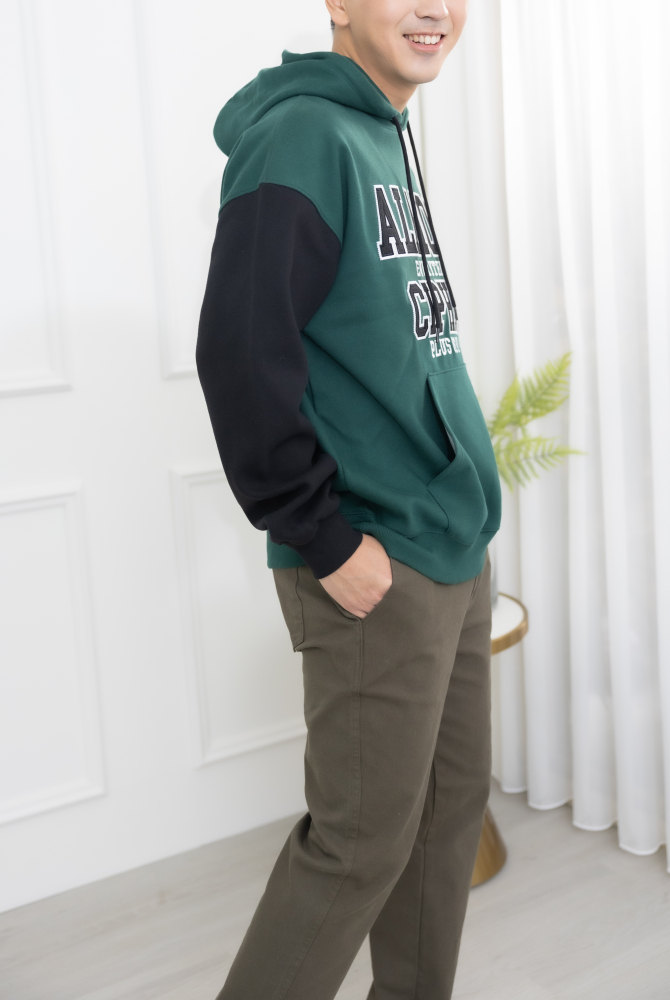 긴팔 綠拼黑長袖帽T