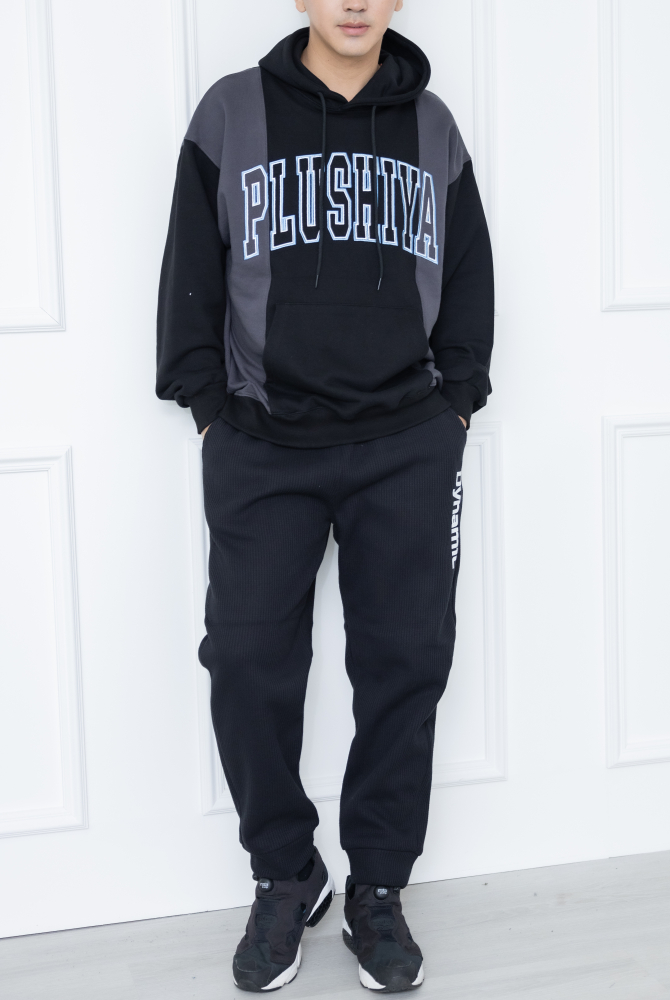 긴팔 黑拼灰長袖帽T