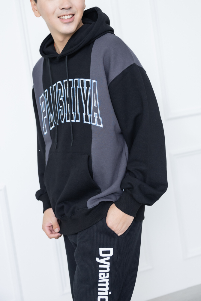 긴팔 黑拼灰長袖帽T