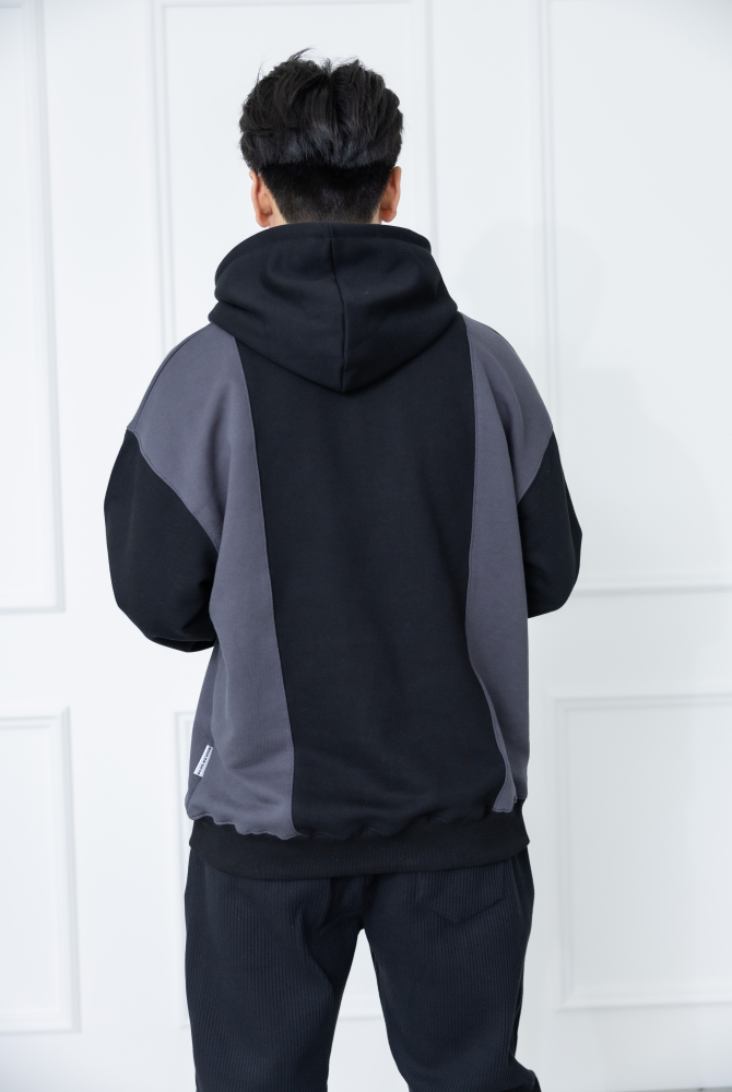 긴팔 黑拼灰長袖帽T