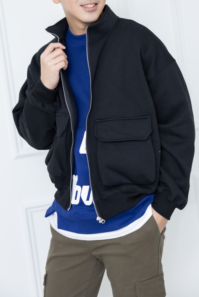 코트 半領大口袋外套／黑色