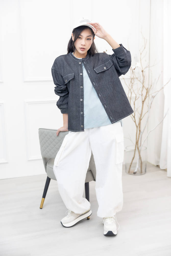 코트 圓領假口袋薄外套／黑色