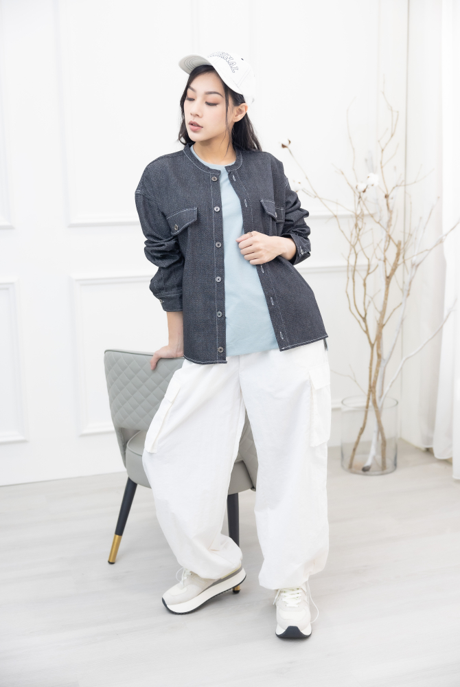 코트 圓領假口袋薄外套／黑色