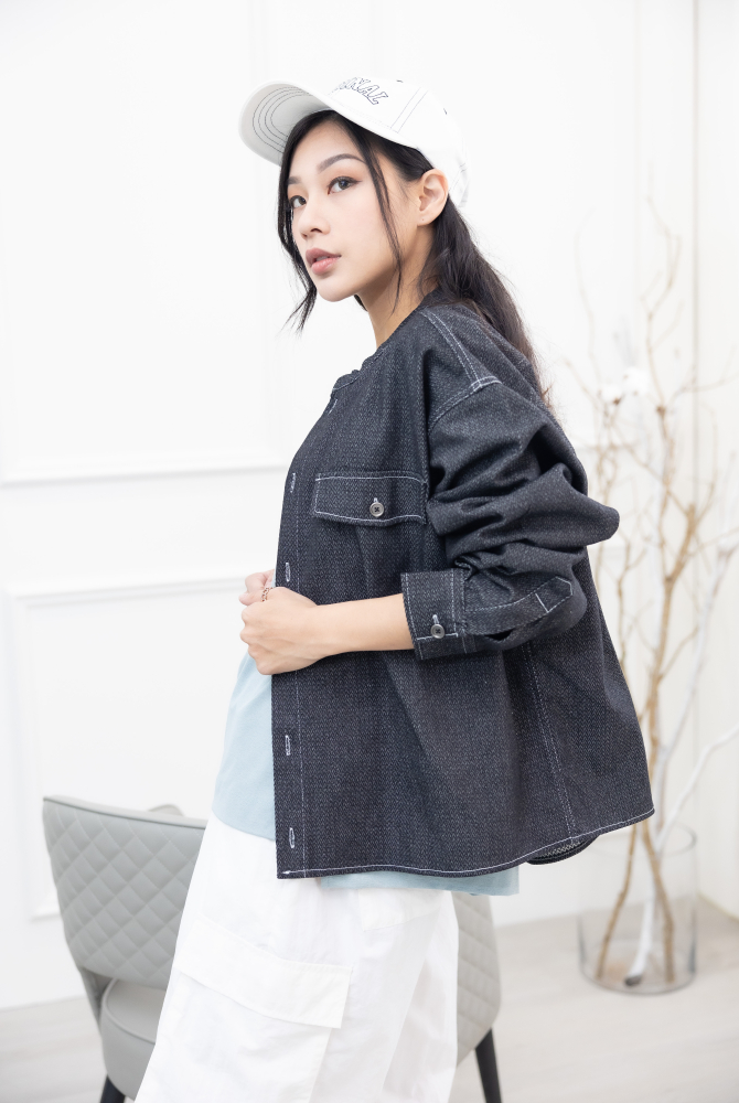 코트 圓領假口袋薄外套／黑色