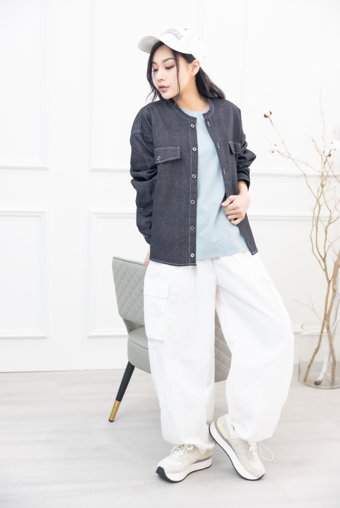 코트 圓領假口袋薄外套／黑色