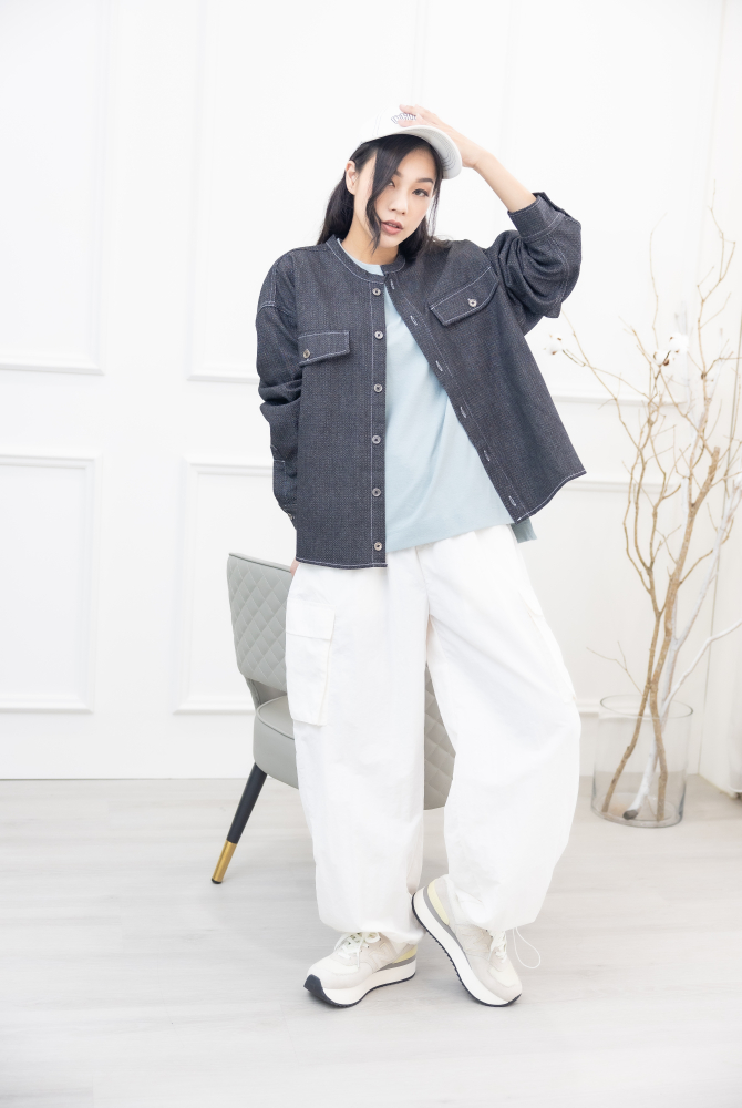 코트 圓領假口袋薄外套／黑色