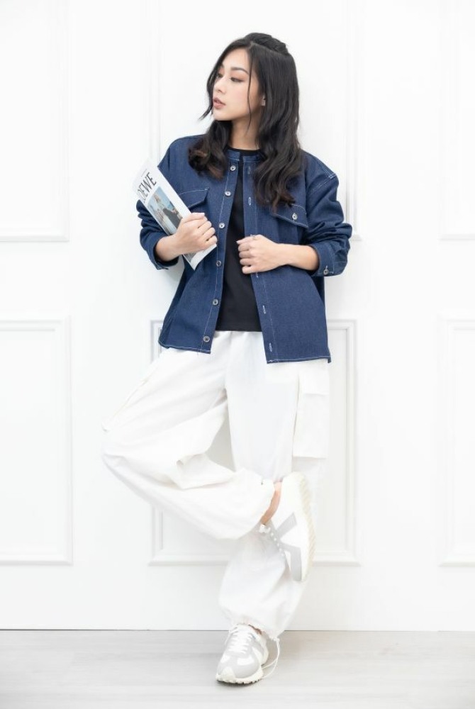 코트 圓領假口袋薄外套／深藍色