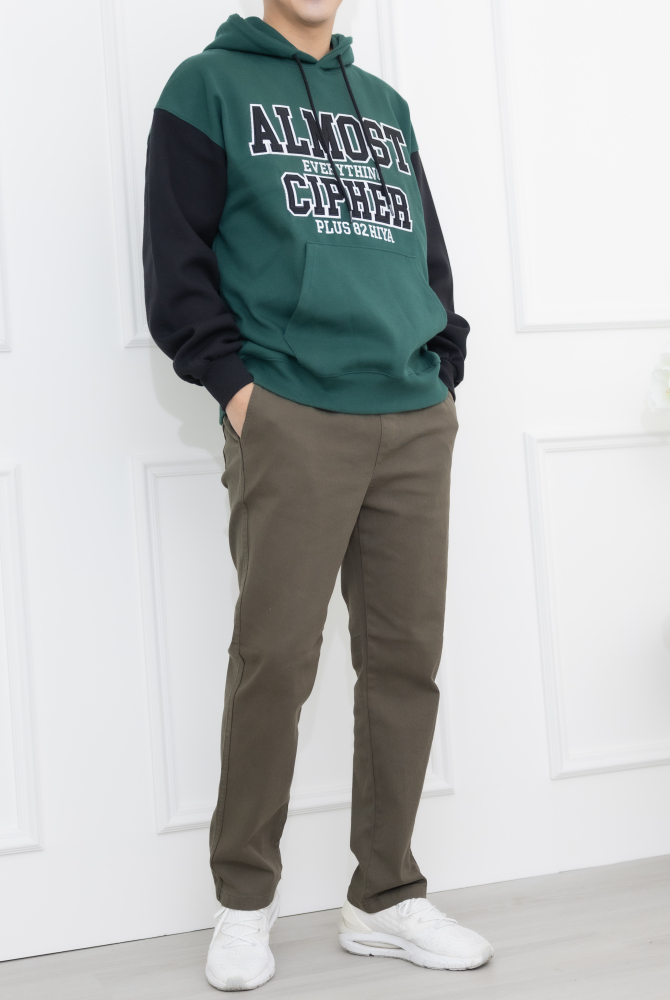 긴 바지 鬆緊合身長褲／墨綠色