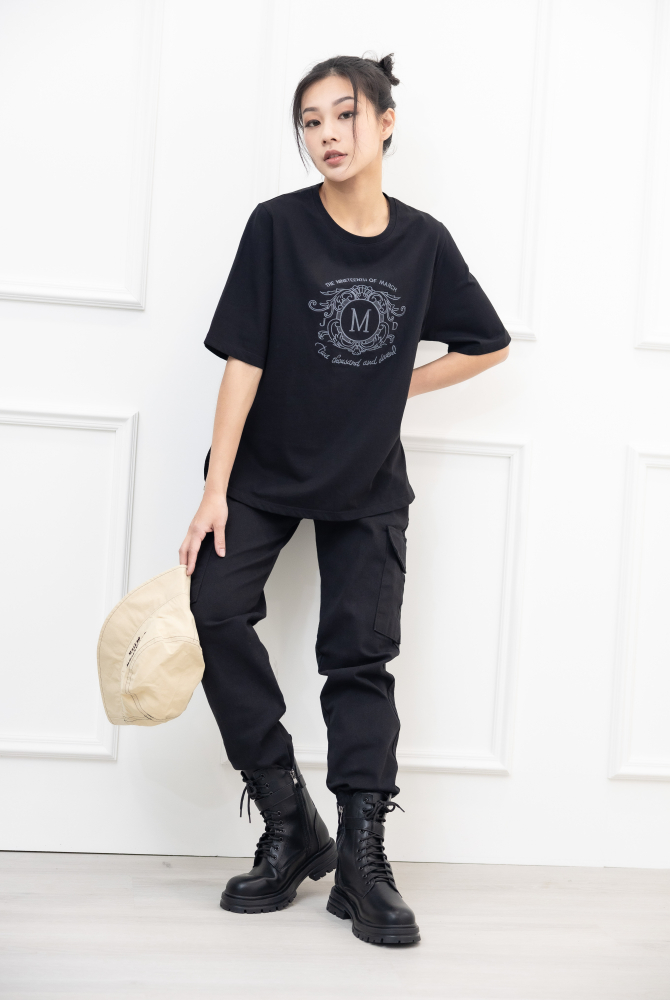 긴 바지 鬆緊合身大口袋長褲/黑色