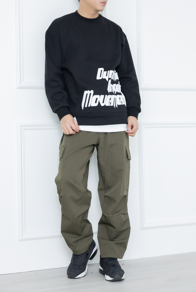 긴 바지 舒適多口袋鬆緊長褲/軍綠色