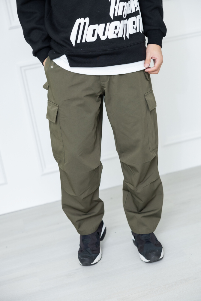 긴 바지 舒適多口袋鬆緊長褲/軍綠色