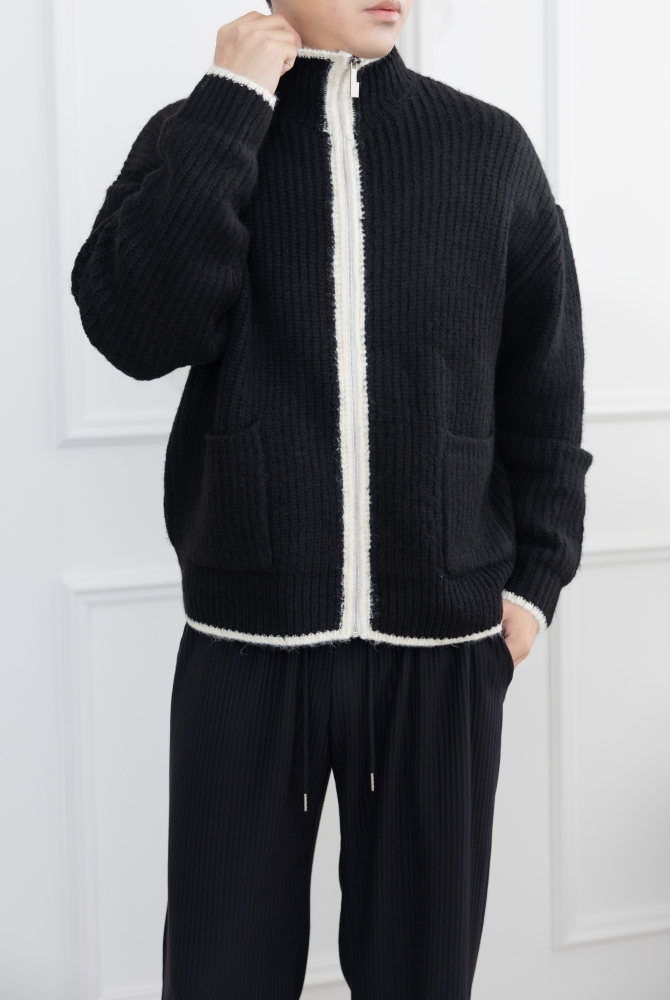 코트 針織滾邊外套／黑色