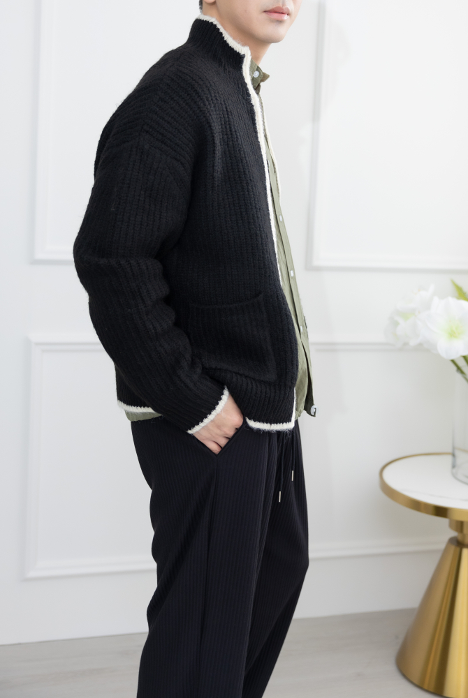 코트 針織滾邊外套／黑色