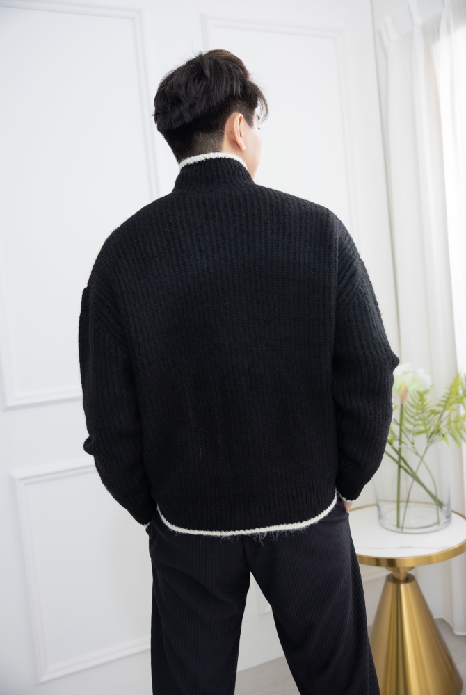 코트 針織滾邊外套／黑色