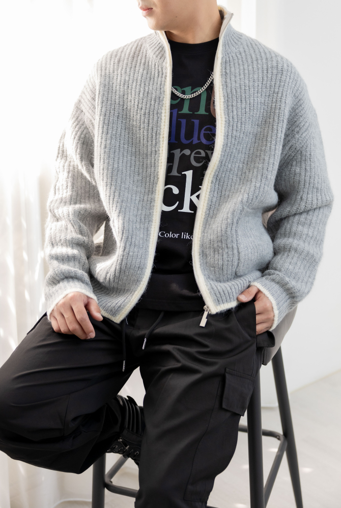 코트 針織滾邊外套／灰色