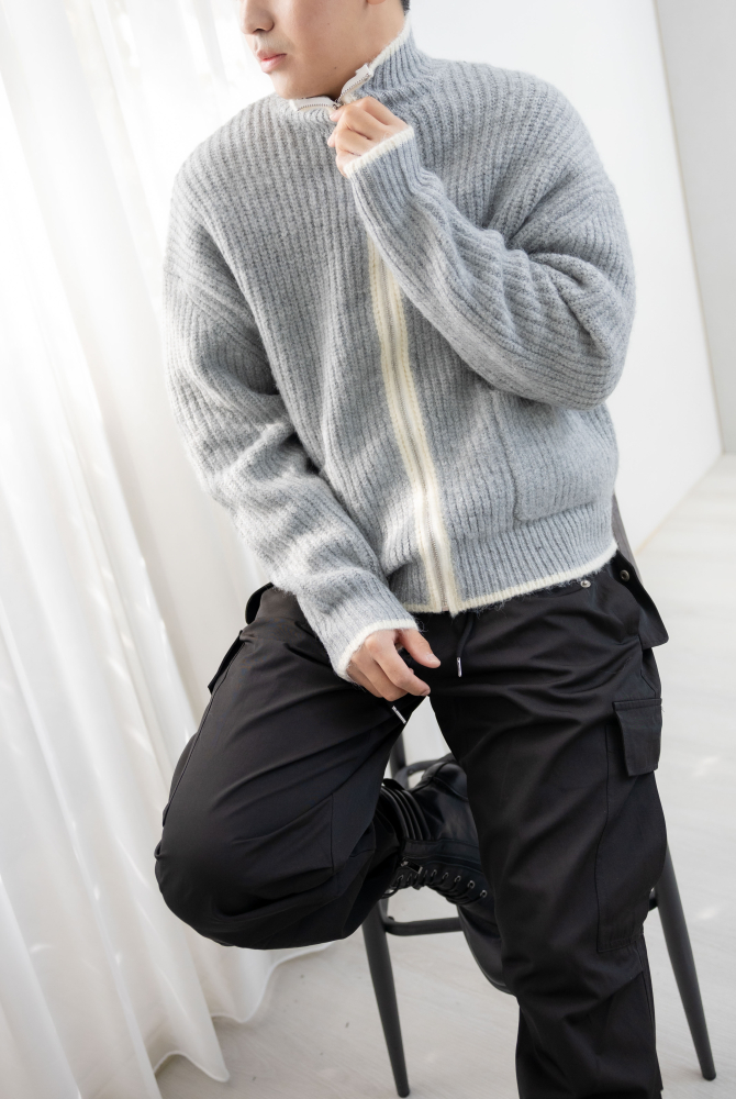 코트 針織滾邊外套／灰色