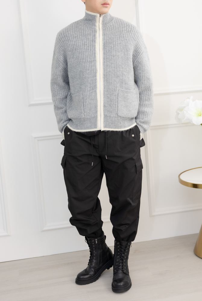 코트 針織滾邊外套／灰色