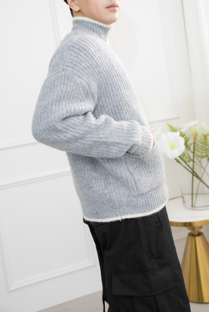 코트 針織滾邊外套／灰色