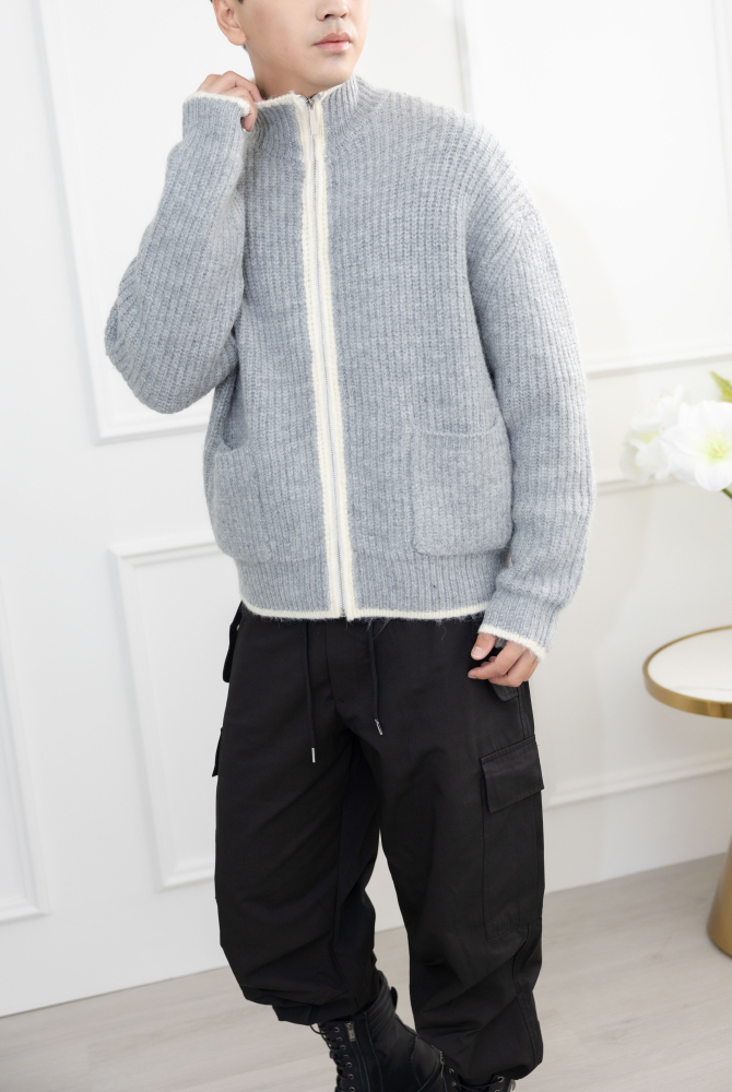 코트 針織滾邊外套／灰色