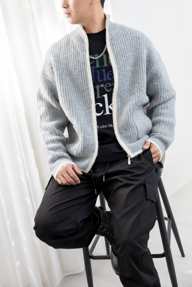 코트 針織滾邊外套／灰色