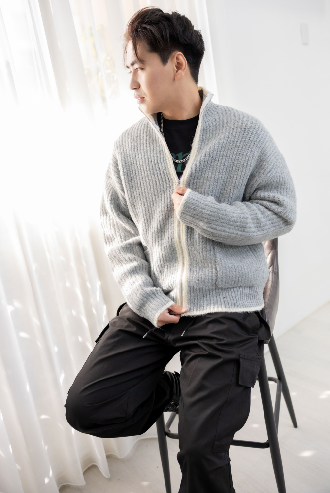 코트 針織滾邊外套／灰色