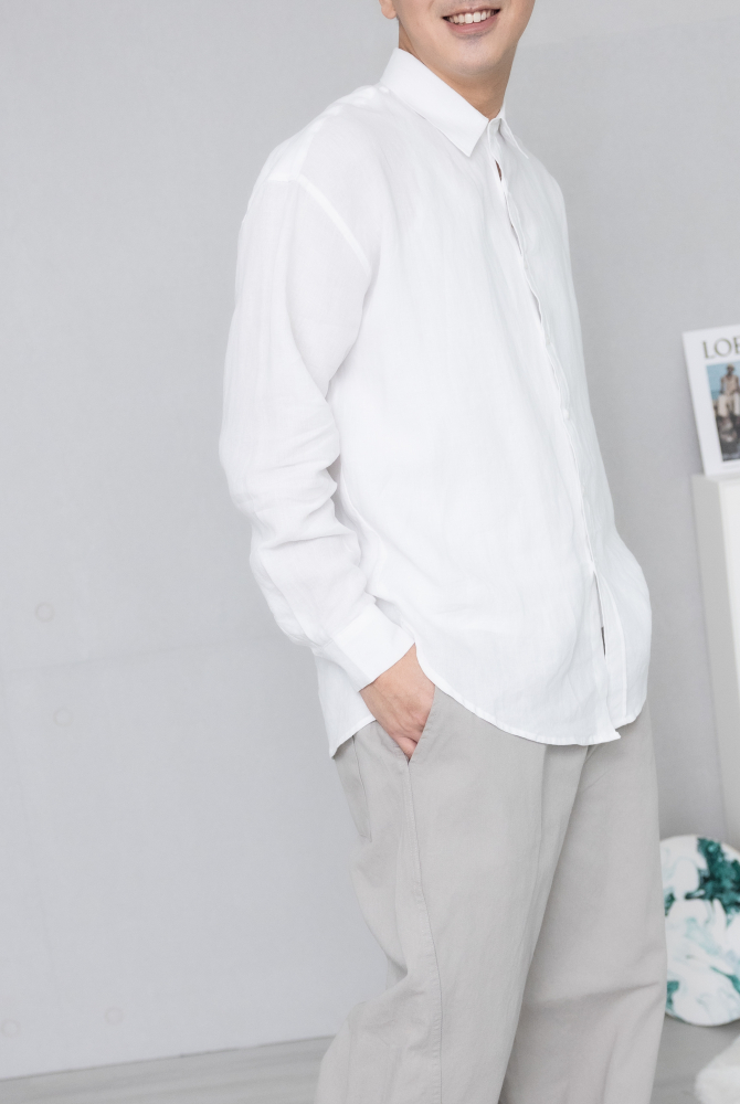 셔츠 下擺抽繩收束長袖襯衫／白色