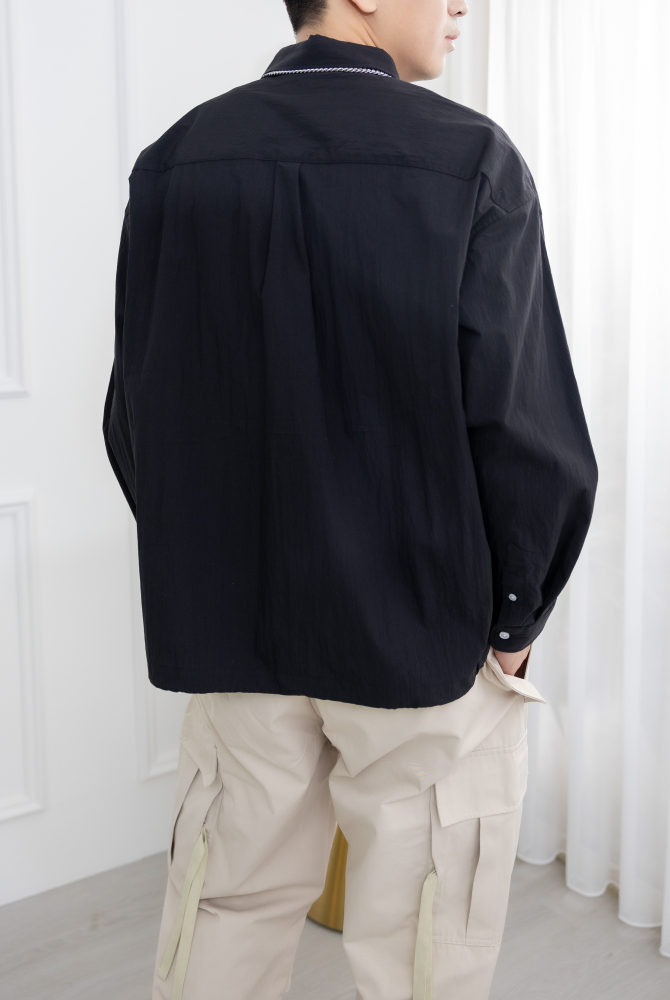 셔츠 下擺抽繩收束長袖襯衫／黑色