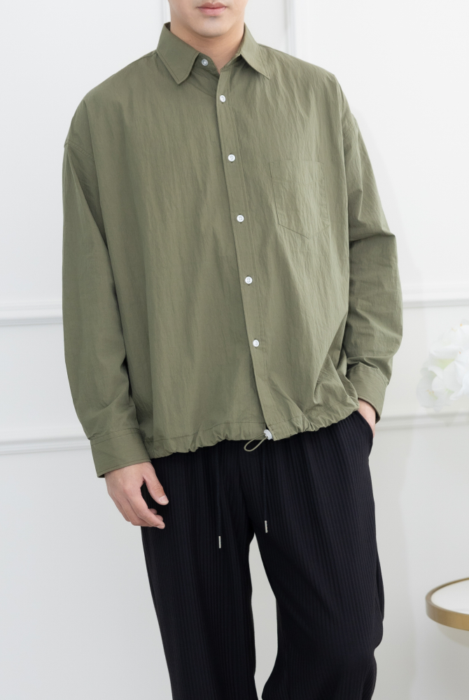 셔츠 下擺抽繩收束長袖襯衫／綠色