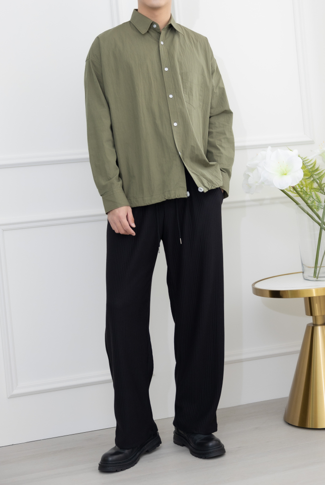 셔츠 下擺抽繩收束長袖襯衫／綠色