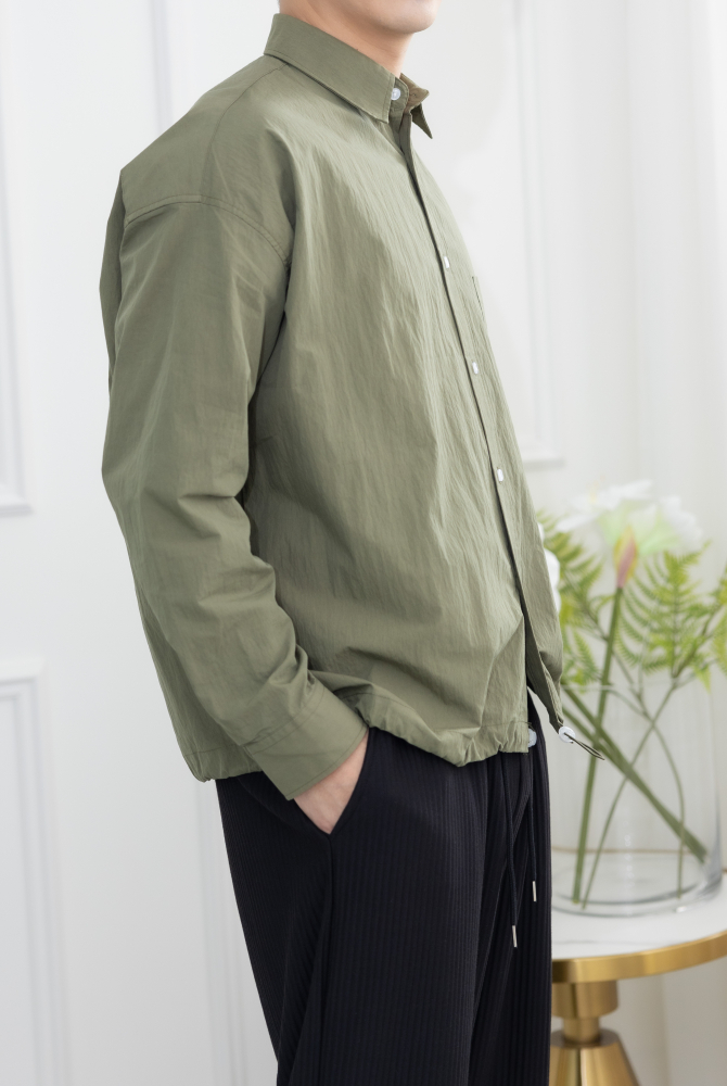 셔츠 下擺抽繩收束長袖襯衫／綠色