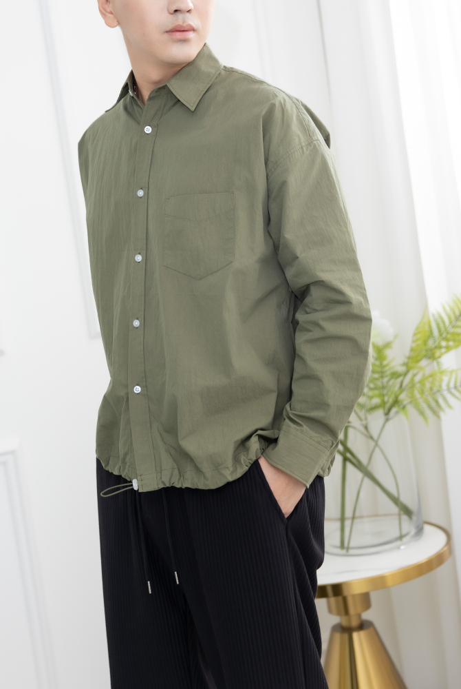 셔츠 下擺抽繩收束長袖襯衫／綠色