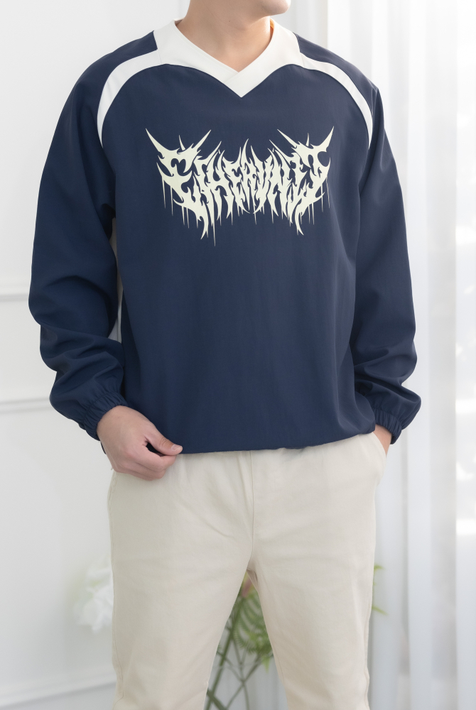 긴팔 拼色短刷毛下擺束繩長袖上衣／海軍藍（拼米色）